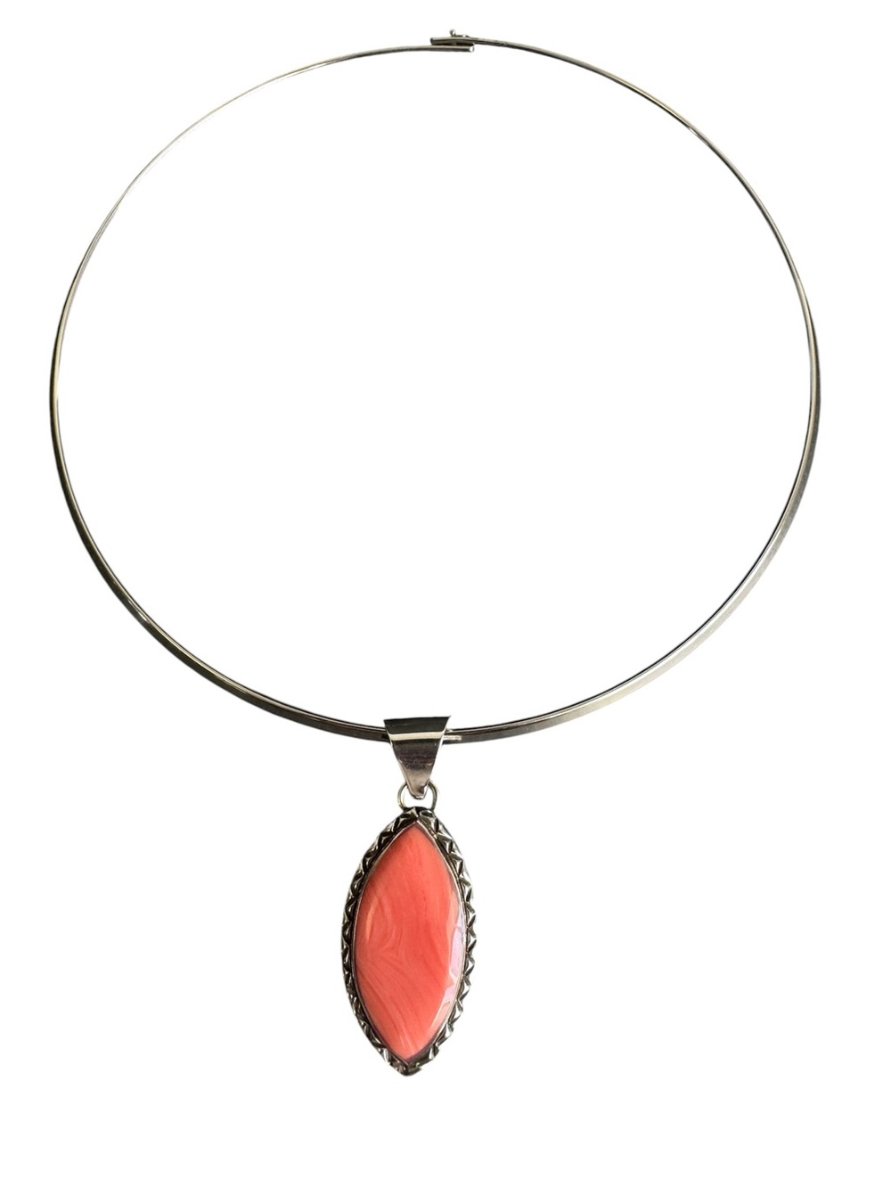 Sterling Silver Coral Pink Marquise Pendant Necklace Plated Torque Collar Mexico